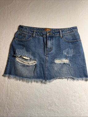 POL Distressed Blue Denim Mini Skirt with Frayed Hem